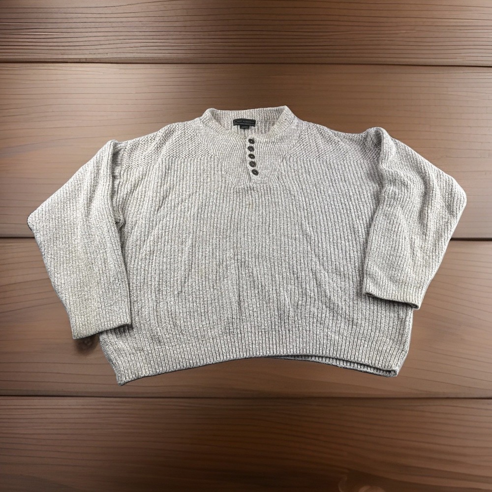 Vintage Croft Barrow Henley Knit Sweater Mens XL Beige Made in USA Preppy READ